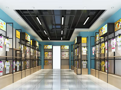Modern Clothing Store Interior With Blue Walls Black Ceiling And Display Racks 3d model