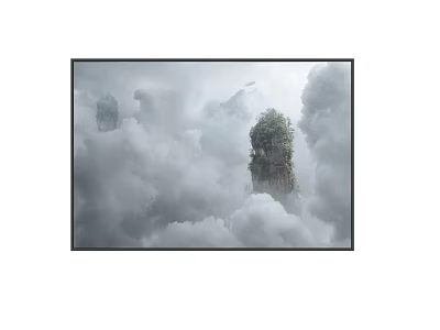 Misty Landscape Painting With Tall Rock Formations Lush Vegetation And Clouds 3d model