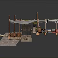 Traditional Outdoor Market Stall With Canvas Canopies Clay Pots Baskets And Plants