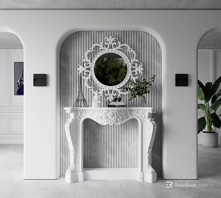 Elegant Console Table With Ornate Round Mirror Carved Frame Striped Wallpaper And Green Plants 3d model 