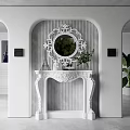 Elegant Console Table With Ornate Round Mirror Carved Frame Striped Wallpaper And Green Plants