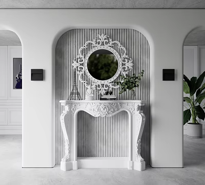 Elegant Console Table With Ornate Round Mirror Carved Frame Striped Wallpaper And Green Plants 3d model