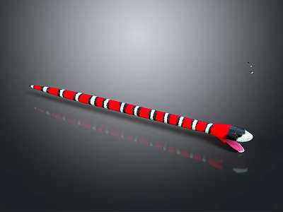 Red Black White Striped Snake With Tongue Sticking Out On Shiny Gray Surface 3d model