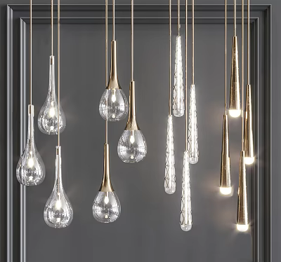 Multiple Illuminated Pendant Lights With Glass Teardrop And Metal Cylindrical Designs Hanging On Dark Background 3d model