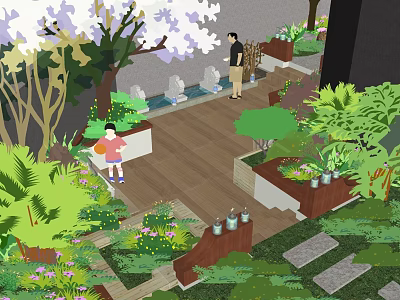 Water Fountain in Courtyard Garden with Lush Greenery Wooden Deck and Trees 3d model