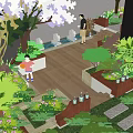 Water Fountain in Courtyard Garden with Lush Greenery Wooden Deck and Trees