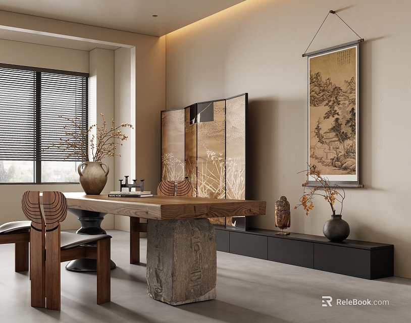 Modern Chinese Style Restaurant Interior With Wooden Dining Table Stone Legs And Landscape Painting 3d model 