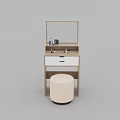 Modern Light Wood Dressing Table With Framed Mirror Round Stool And Cosmetic Items 3d model