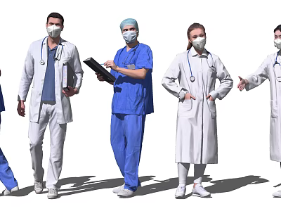 Group of Medical Professionals in White Coats and Blue Scrubs With Masks Stethoscopes and Clipboard 3d model