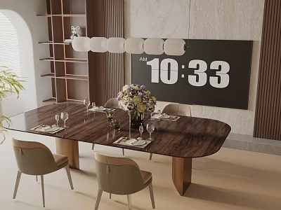 Modern Wooden Dining Table Set With Upholstered Chairs Floral Centerpiece And Wall Clock 3d model