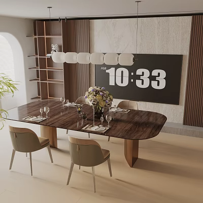 Modern Wooden Dining Table Set With Upholstered Chairs Floral Centerpiece And Wall Clock 3d model
