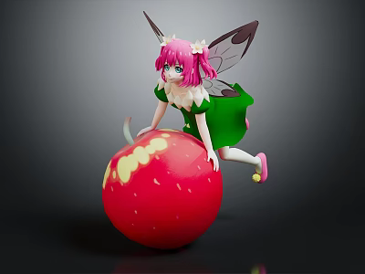 Pink Haired Fairy with Green Dress and Wings on Red Apple with Yellow Spots 3d model