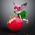 Pink Haired Fairy with Green Dress and Wings on Red Apple with Yellow Spots