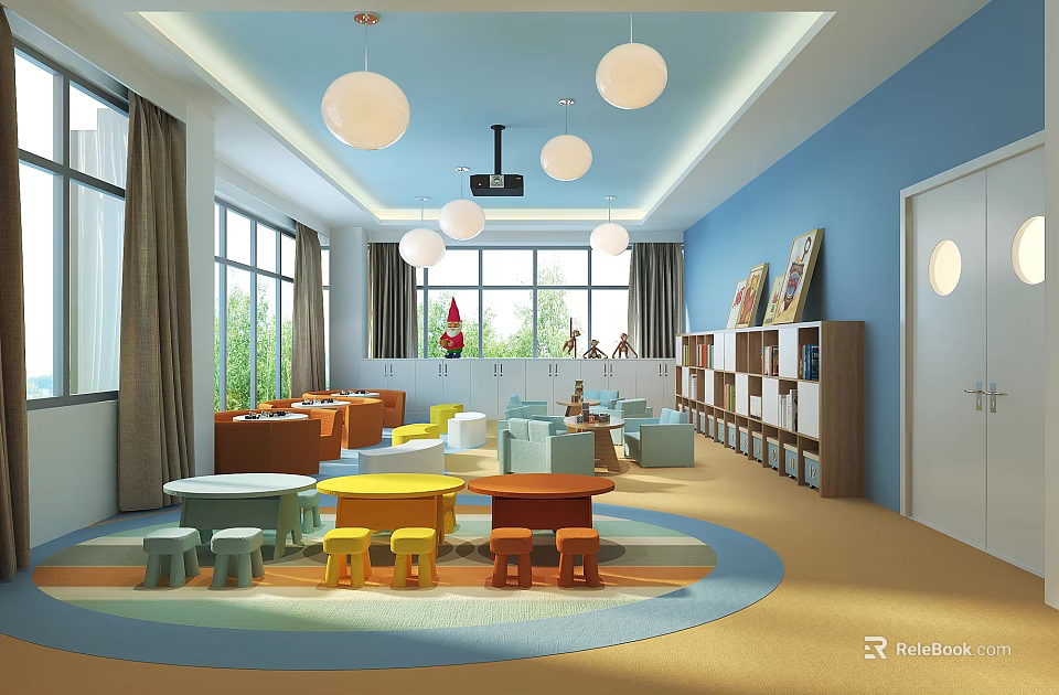 Kindergarten Interior With Blue Ceiling White Spherical Lights Large Windows Colorful Tables And Stools 3d model