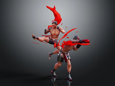 Game Movie Muay Thai Style Fighting Characters With Red Flowing Ribbons And Dynamic Action Poses 3d model