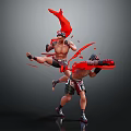 Game Movie Muay Thai Style Fighting Characters With Red Flowing Ribbons And Dynamic Action Poses