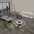 Modern Cream Style Dining Table and Chair Combination Long Table Round Table Dining Table and Chair Combination Restaurant Chandelier 3d model