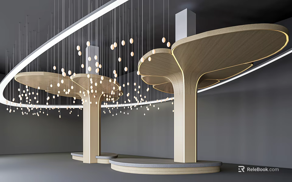 Modern Wooden Pillars With Curved Top Design And Hanging Spherical Lights In Interior Space 3d model 