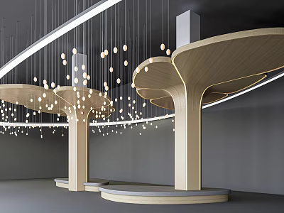 Modern Wooden Pillars With Curved Top Design And Hanging Spherical Lights In Interior Space 3d model