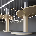 Modern Wooden Pillars With Curved Top Design And Hanging Spherical Lights In Interior Space
