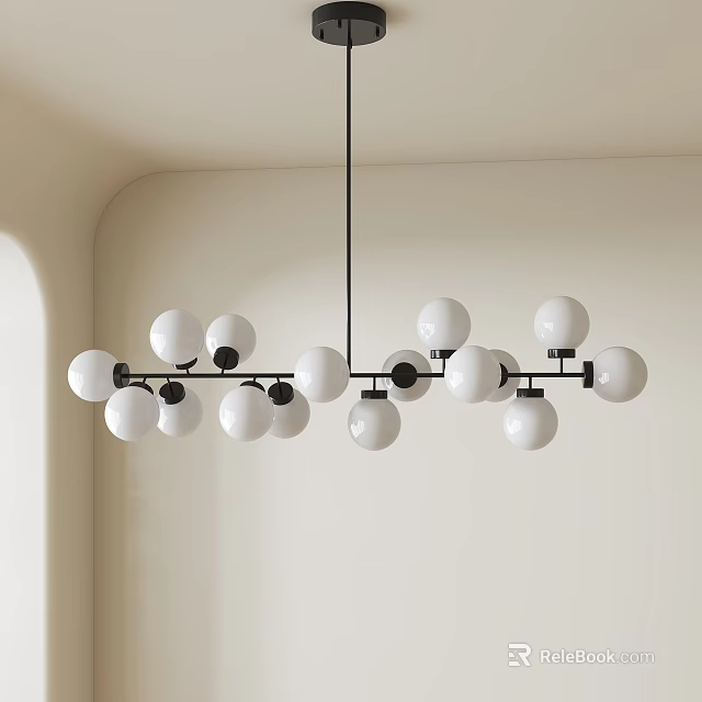 Modern Hanging Chandelier With Multiple White Globes And Black Metal Frame For Interior Decor 3d model 