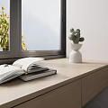 Decorative Ornament Combination With Open Book Closed Book And White Cactus Pot On Wooden Windowsill