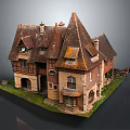 Cartoon Scene of Charming Fairy Tale House with Pointed Roofs Stone Walls and Small Yard