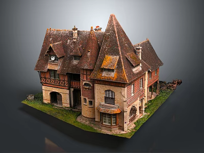 Cartoon Scene of Charming Fairy Tale House with Pointed Roofs Stone Walls and Small Yard 3d model