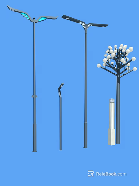 Various Outdoor Lights With Tall Poles Spherical Bulbs And Modern Designs 3d model 