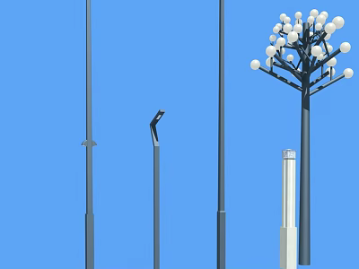 Various Outdoor Lights With Tall Poles Spherical Bulbs And Modern Designs 3d model