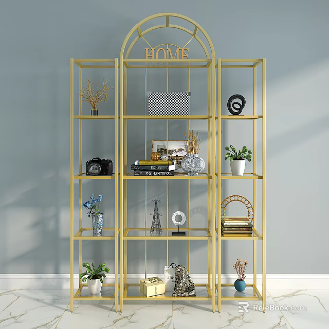 Stylish Golden Shelving Unit With Decorative Items Plants Books And Camera 3d model 