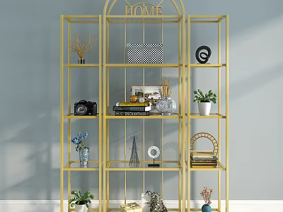 Stylish Golden Shelving Unit With Decorative Items Plants Books And Camera 3d model
