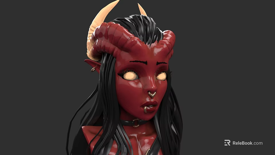 Demon Inspired Woman With Red Skin Long Black Hair Horns Yellow Eyes Nose Ring Collar 3d model 