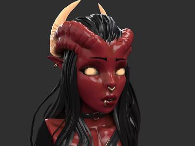 Demon Inspired Woman With Red Skin Long Black Hair Horns Yellow Eyes Nose Ring Collar 3d model