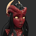 Demon Inspired Woman With Red Skin Long Black Hair Horns Yellow Eyes Nose Ring Collar
