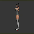Woman With Arms Outstretched In Gray Bodysuit Headphones And Striped Stockings On Roller Skates