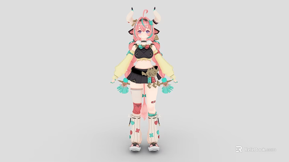 Woman with pink hair and horns holding colorful fans in black top short skirt 3d model 