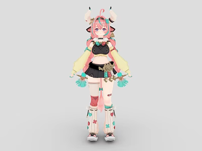 Woman with pink hair and horns holding colorful fans in black top short skirt 3d model