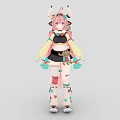Woman with pink hair and horns holding colorful fans in black top short skirt