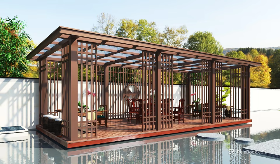 Outdoor Wooden Pavilion With Glass Roof And Water Feature Surrounded By Green Plants 3d model 