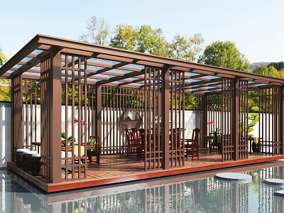 Outdoor Wooden Pavilion With Glass Roof And Water Feature Surrounded By Green Plants 3d model