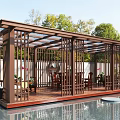 Outdoor Wooden Pavilion With Glass Roof And Water Feature Surrounded By Green Plants