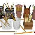 Colorful Pencils in Cups Pots and Wooden Boxes with Scattered Ones and Sharpener