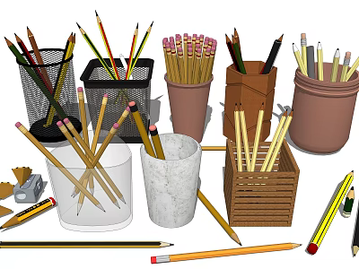 Colorful Pencils in Cups Pots and Wooden Boxes with Scattered Ones and Sharpener 3d model