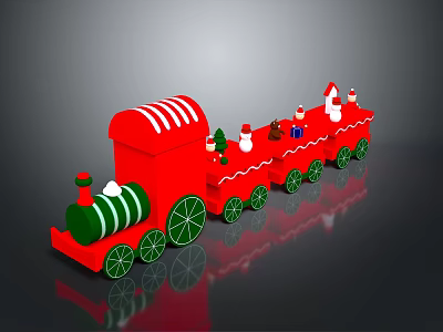 Red Christmas Train With Green Wheels And Carriages Decorated With Snowmen Gifts 3d model