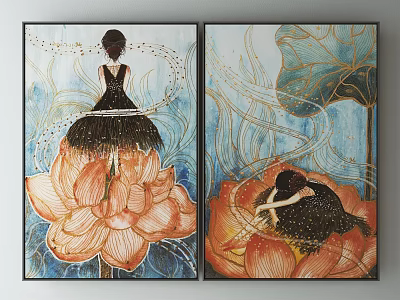 Two Panel Decorative Art Paintings With Women On Lotus And Golden Elements 3d model
