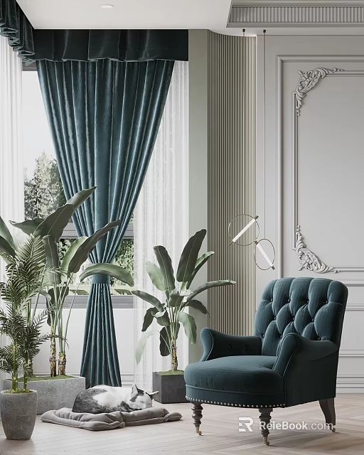 Teal Curtains In Bright Room With Green Plants Tufted Armchair And Natural Light 3d model 