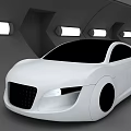 White Futuristic Concept Sports Car with Sleek Body Design in Modern Tunnel and Overhead Lighting