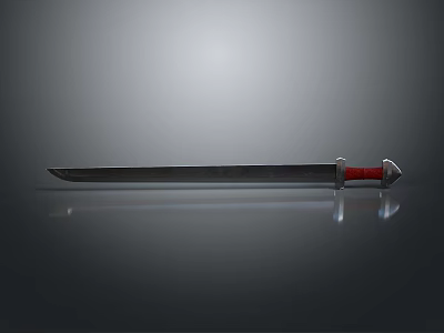 Long Metal Sword With Red Hilt And Shiny Blade On Smooth Surface Background 3d model