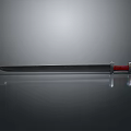 Long Metal Sword With Red Hilt And Shiny Blade On Smooth Surface Background